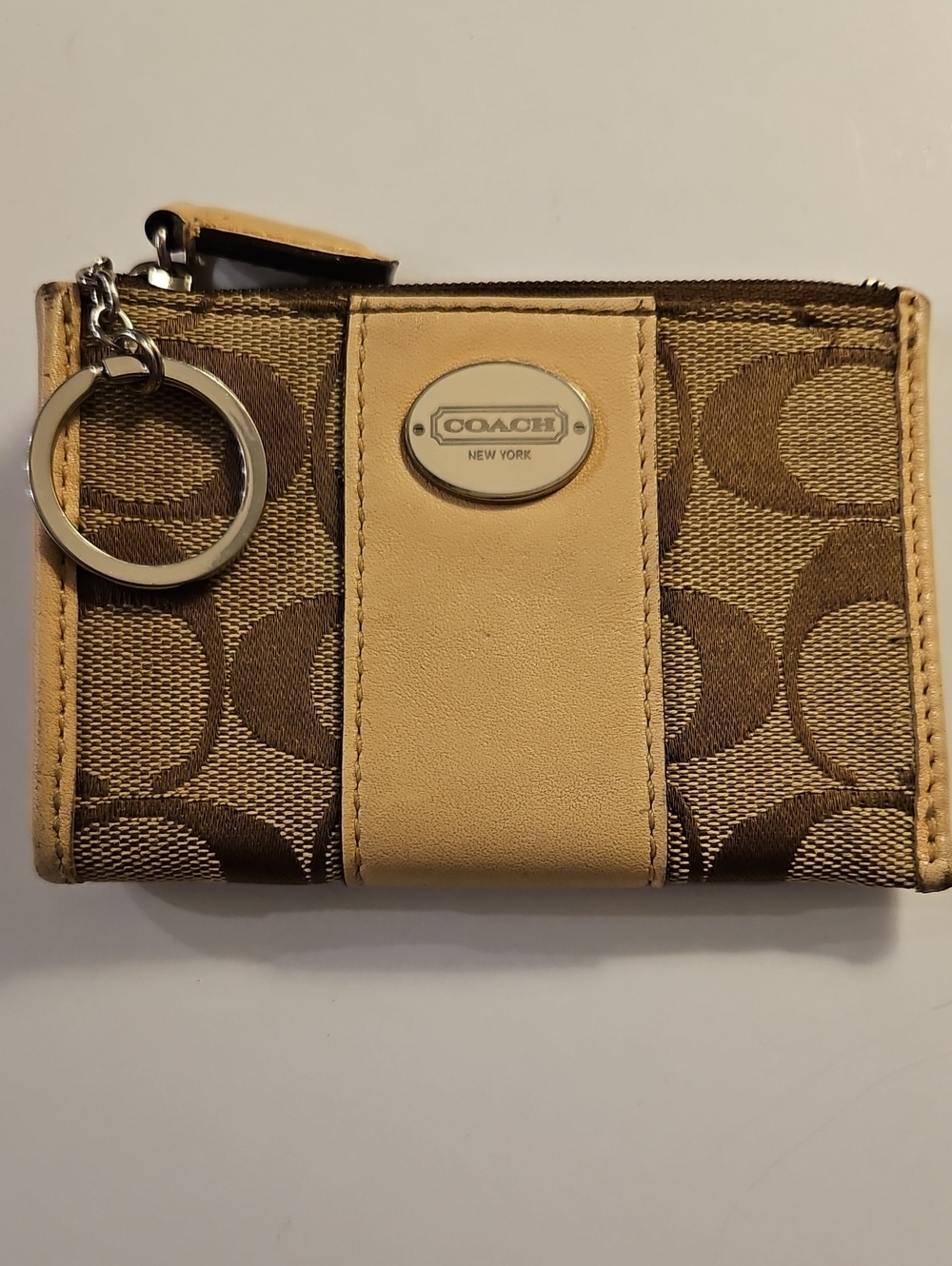 Coach Brown Monogram Canvas Key Pouch with Tan Leather Trim
